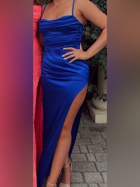 Windsor Royal Blue Satin Cowl Neck Spaghetti Strap Gown with High Thigh Slit